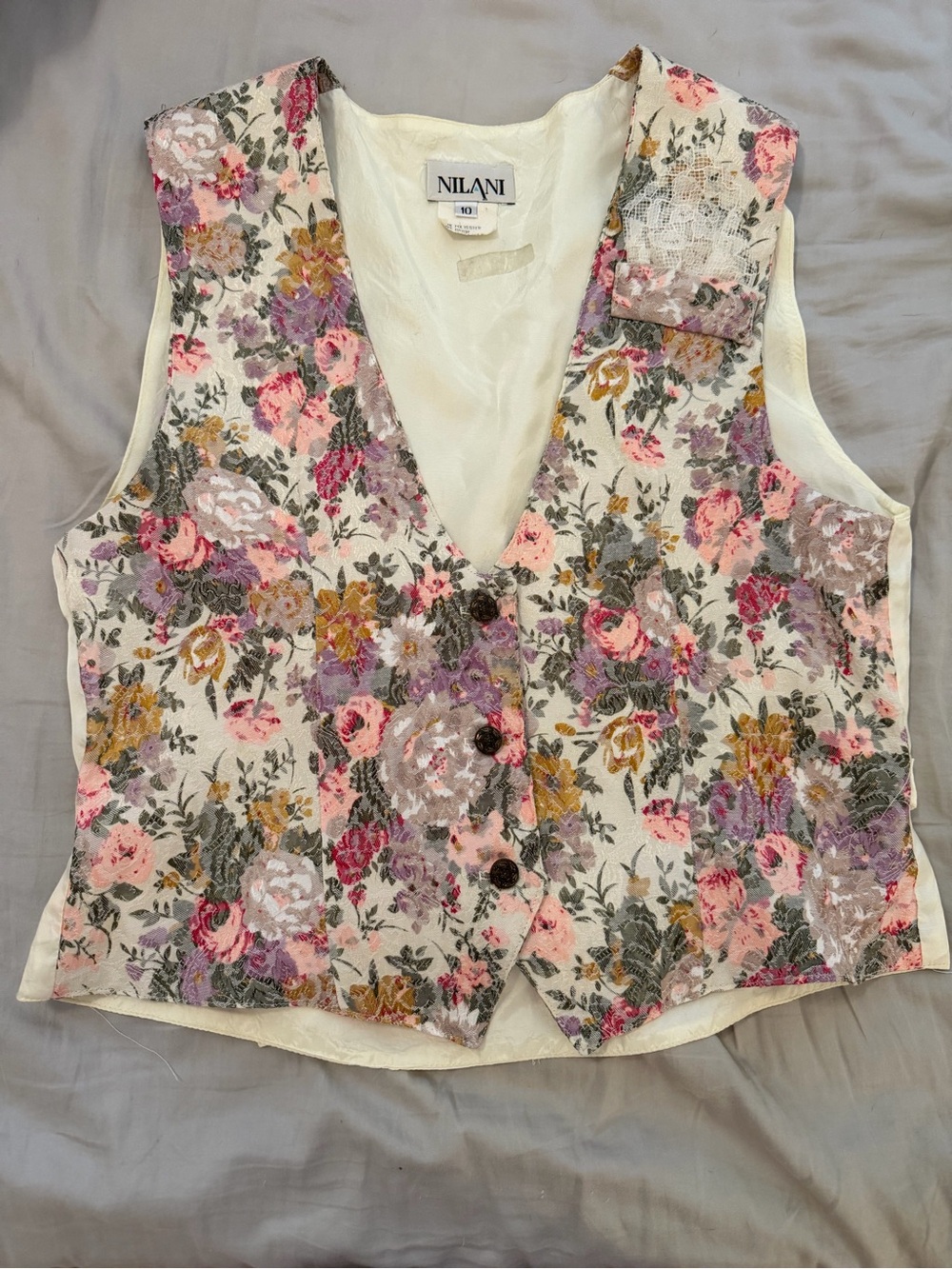 Vintage 80s Nilani 3-Button Cottagecore Floral Vest Sz 10 Ribbon 1990s Lace